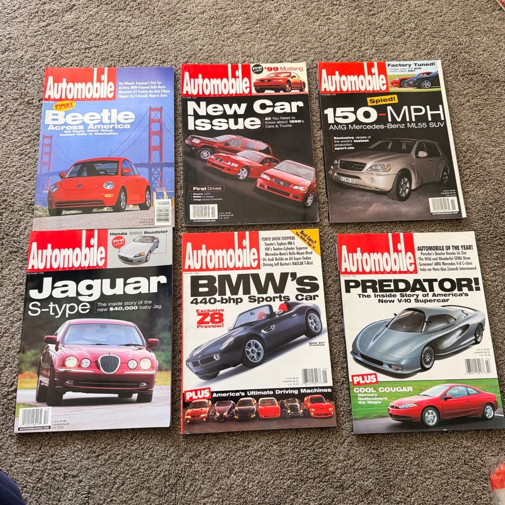 Vintage 1998 Automobile Magazine Lot of 6 BMW Z8 Jaguar S-Type Beetle ML55 AMG